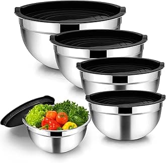 Homikit Stainless Steel Mixing Bowls with Airtight Lids, 5 Piece Nesting Salad Bowls for Space-Saving Storage, Metal Serving Bowl for Kitchen Baking/Cooking/Prepping, Size 14/16/18/22/26cm