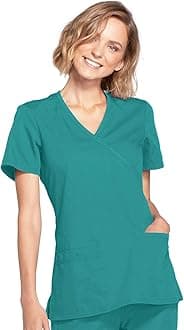 Cherokee Scrubs for Women Mock Wrap Nursing Scrub Top with 3 Pockets, Side Vent & Stretch Back Panels Medical Uniform - WW650