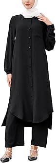 IDOPIP Abaya Dress for Women Muslim Set Long Sleeve Chiffon Islamic Dress Shirt with Pants 2PCS Dubai Prayer Casual Clothes