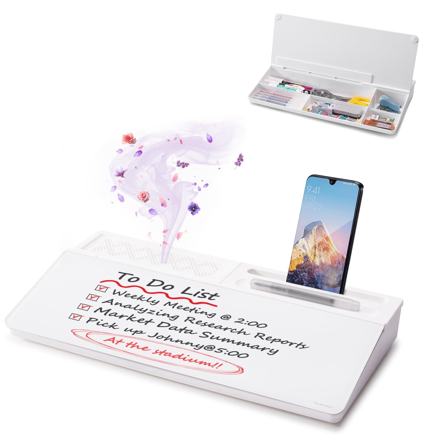 Small Glass Desktop Whiteboard Dry-Erase-Board - Computer Keyboard Stand White Board Surface Pad with Aromatherapy, Desk Organizers with Accessories for Office, Home, School Supplies