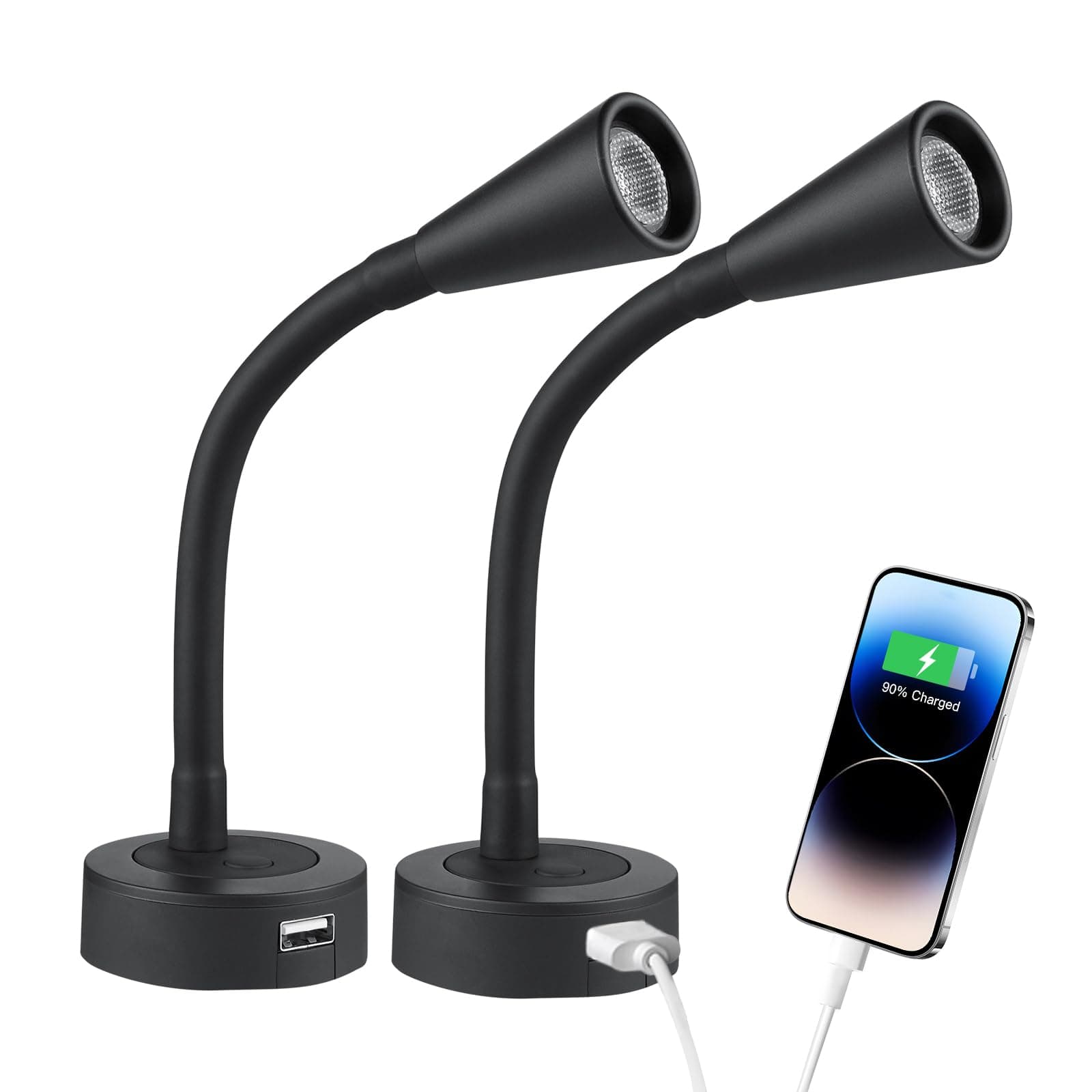 Acegoo 12V LED Reading Light RV Dimmable Reading Lamp with USB Charger 12 Volt Flexible Neck Light for Boat Camper Van Trailer Interior Lighting, Hard-Wired Surface Mount, 2-Pack