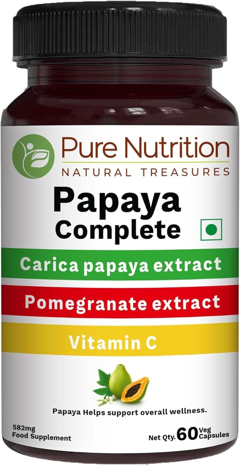 Pure Nutrition Papaya Complete | 60 Caps | Carica Papaya Leaf Extract with Iron VIT C, VIT A & Folic Acid | Supports Platelet Immunity & Digestion Non-GMO | Gluten-Free