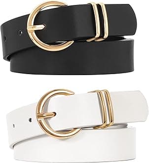 JASGOOD Women’s Leather Belts for Jeans Dresses Fashion Gold Buckle Ladies Waist Belt,2 Pack