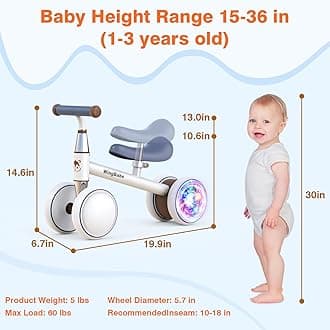 Baby Balance Bike for 1-3 Years Old Boys Girls,Toddler Balance Bike Ride on Toys with 4 Wheels Colorful Lighting & Adjustable Seat,First bike for 1 Year Old Gifts (Warm White)