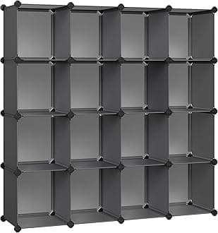 SONGMICS Cube Storage Organizer, Set of 16 Plastic Cubes, Book Shelf, Closet Organizers and Storage, Room Organization, Bedroom Living Room, 12.2 x 48.4 x 48.4 Inches, Gray ULPC442G01