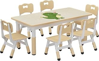 GAOMON Kids Table and 6 Chairs Set, Height Adjustable Toddler Table and Chairs Set for Ages 2-10, Graffiti Desktop, Non-Slip Legs, Children Activity Table for Daycare Classroom Home