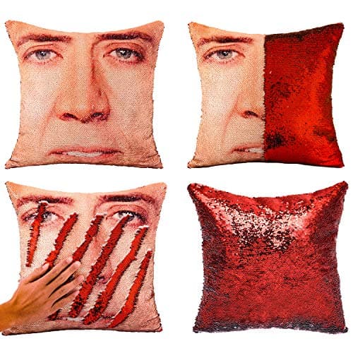 Tiaronics Magic Reversible Sequins Mermaid Pillow Cases Throw Pillow Covers Decorative Pillowcase 4040cm(1616") (Nicolas Cage/Red)