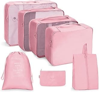 PETRICE Travel Organizer 7 in 1 Travel Laundry Cosmetics Luggage Packing Organizers Set Makeup Bags Organizer Packing Cubes with Shoe Bag for travel (Pink, Nylon)