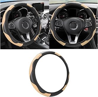 Car Steering Wheel Cover, 15 inch Carbon Fiber Microfiber PU Leather Elastic Steering Wheel Protector for Men Women, Anti-Slip Breathable Car Interior Accessories for Most Cars (Black/Beige)