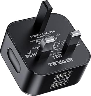 Dual USB Plug Charger UK,TEYASI USB Plug Adapter UK,5V/2.4A Double USB Wall Mains Charger with Smart IC Charging Technology for iPhone 13/12/11/10/Xs/XS Max/XR/X/8/7/6/5,iPad,Samsung,Phone etc