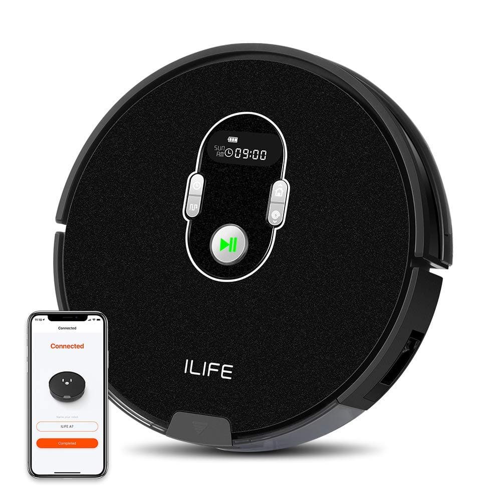 ILIFE A7 Robotic Vacuum Cleaner with High Suction, LCD Display, Multi-Task Schedule, Path Mode and Dual Roller Brushes for Hard Floor and Thin Carpets (Renewed)