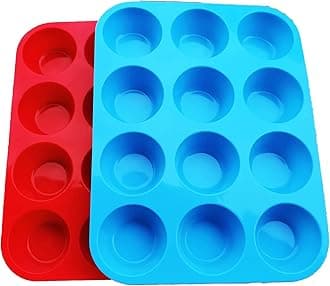 JEWOSTER Non-Sticky Silicone Muffin Pan—Muffin Molder for Muffins and Cupcakes—Cupcake silicone molder—Baking Accessory—12 X Muffin Molders (12-Red+Blue)