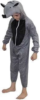 Kaku Fancy Dresses Fleece Rhino Wild Animal Costume For Kids - Grey, 5-6 Years | Animal Fancy Dress For Boys & Girls