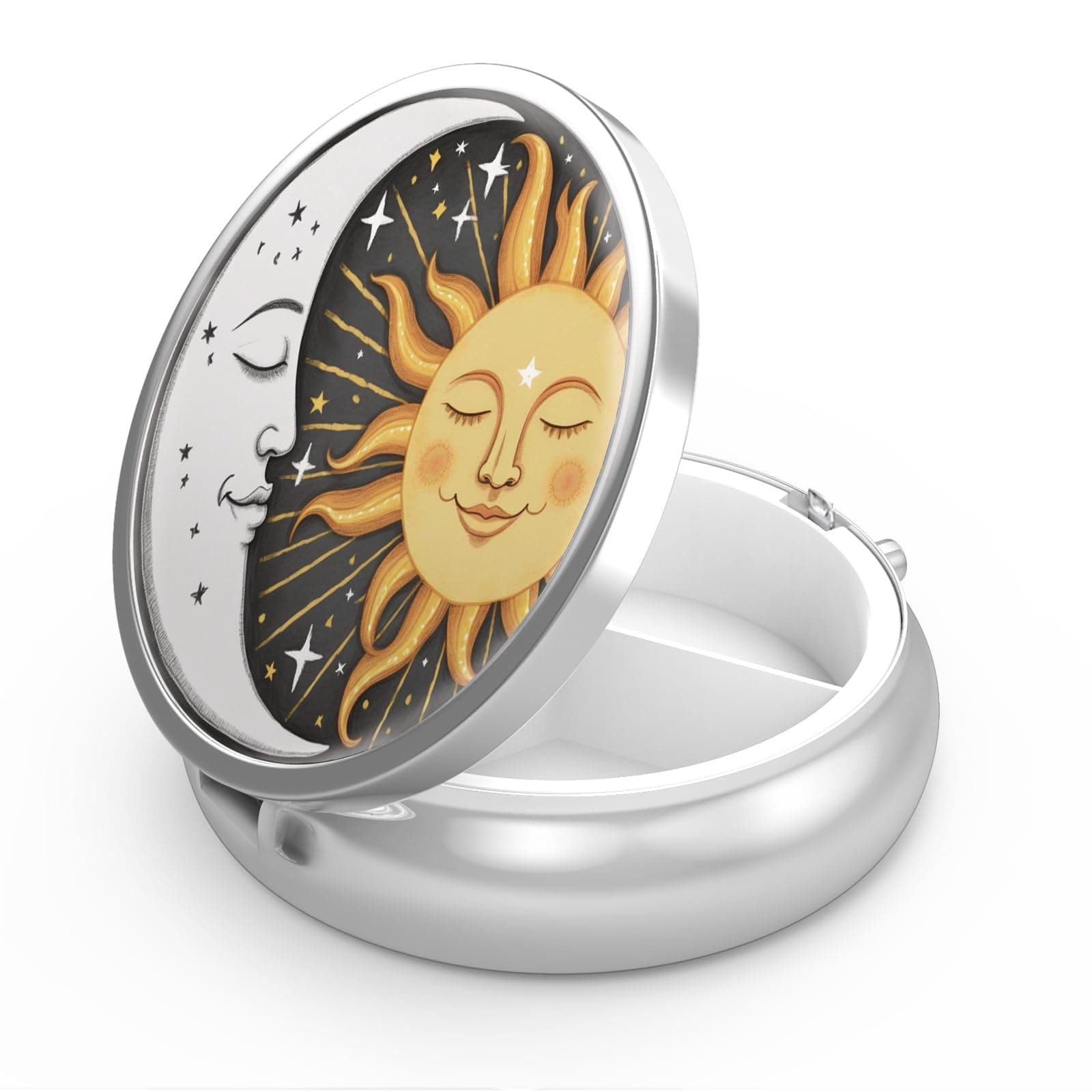 Pill Box 3 Compartment Medicine Pill Case,Portable for Pocket or Purse Pill Box Decorative Metal Medicine Vitamin Organizer Unique Gift(Sun and Moon)