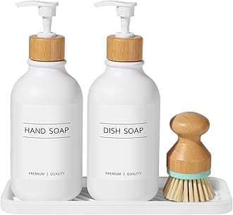 Hand and Dish Soap Dispenser Set with Tray for Kitchen Sink, 500 ML Hand Wash Bottle for Bathroom with Bamboo Pump and Dish Brush, Farmhouse Lotion Washing Up Liquid Detergent Dispensers