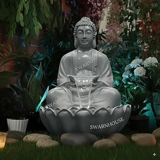 Swarnhouse Buddha Lotus Water Fountain with Light, 91 cm, Decorative Outdoor Garden Fountain for Home and Office 3 Feet (Grey)