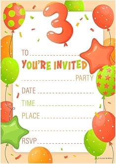 32 Kids Childrens Birthday Party Invitations Age 3 with Envelopes Invitation Orange Pack of 32 Balloon Invites - Designed and Printed in the UK
