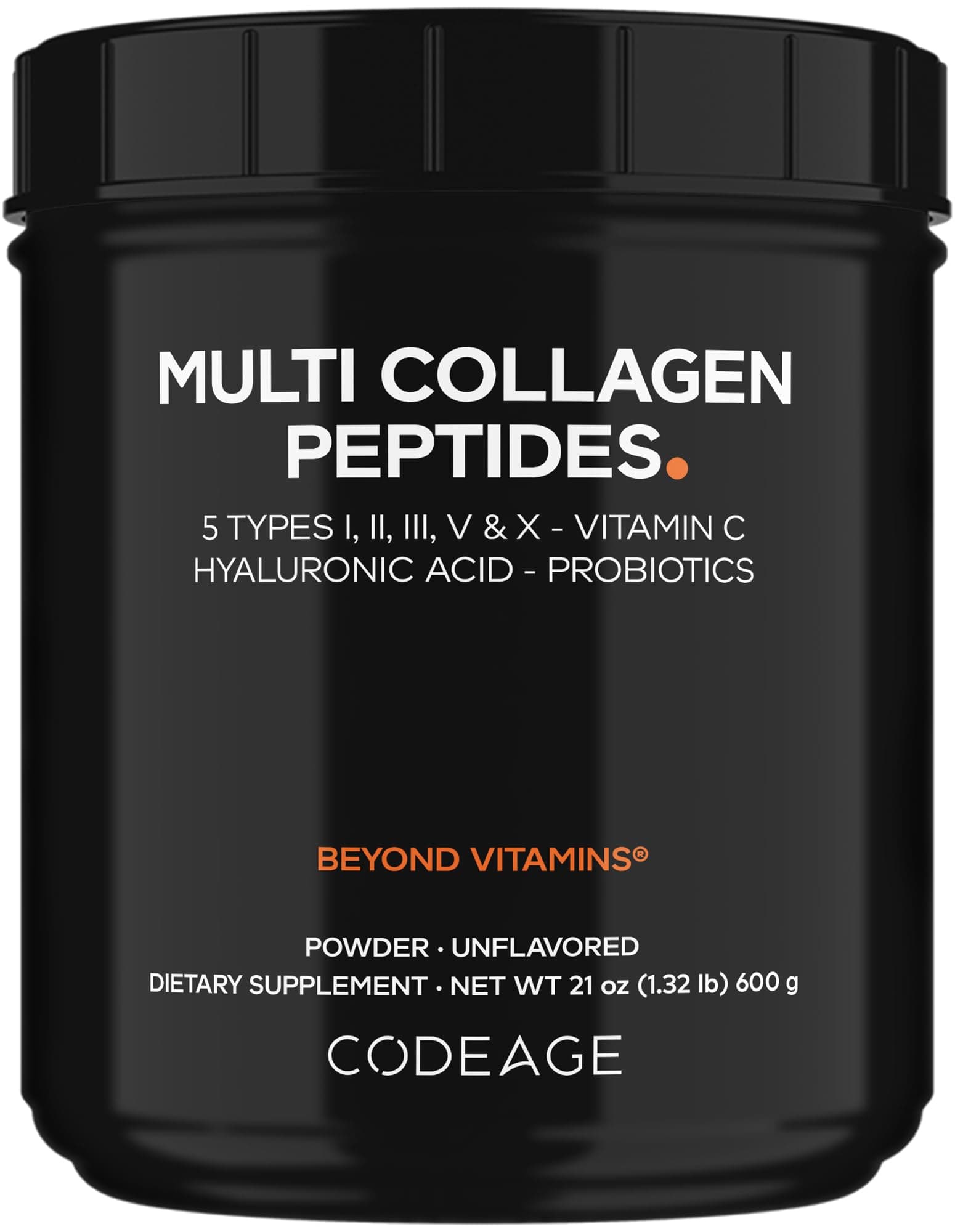 - Multi Collagen Peptides + Probiotics Black Edition, Vitamin C, Hyaluronic Acid Powder Supplement, Grass-Fed, Pasture-Raised, Hydrolyzed, Zero Carbs, Type I, II, III, V & X, Unflavored, 21oz