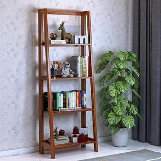 Sheesham Wood 4 Tire Bookshelf for Books Wooden Adjustable and Foldable Living Room Home Office Multipurpose Storage Organizer Stand Furniture (Honey Finish)