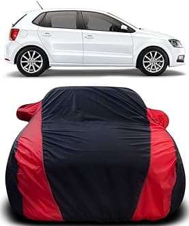 Car Cover Compatible with Volkswagen Polo Equisite with Mirror Pocket Triple Stitched Bottom Elastic Water Resistant UV Protection & Dustproof Car Cover-Black & Red
