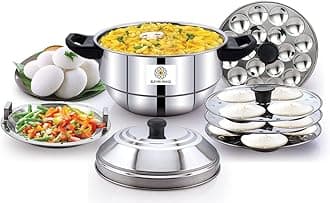All In One Stainless Steel Idli Cooker/Idli Maker | Includes 1 Steamer Plate, 1 Mini Idli Plate & 3 Idli Plates | Modern And Sturdy Design | Gas Stove & Induction Friendly