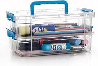 UCRAVO 2 Layer Plastic Storage Containers with Lids, Multipurpose Clear Stack & Carry Box, Portable Craft Organizers, and Storage Bin for Organizing Arts & Crafts, Sewing, stationery box,(MultiColor)