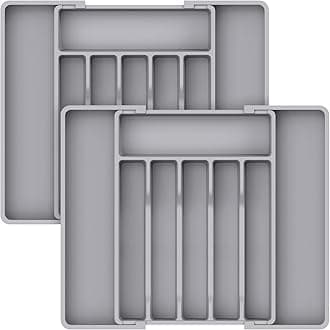 Lifewit 2Pcs Cutlery Drawer Organiser, Extendable Cutlery Tray, Kitchen Drawer Organiser Utensil Spoons Forks Knives, 8 Compartment, Grey