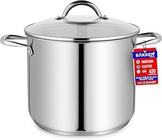 Stainless Steel Stockpot with Tempered Glass Lid 12 Quart, Durable 18/0 Stainless Steel, Impact-Bonded Base for Even Heating, Riveted Handles, Oven & All Stove Compatible, Safe Up To 500°F (260°C)