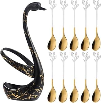 AnSaw Small Coffee Spoon Holder Set,Black Swan Base With 10 Pcs White & Gold Demitasse Espresso Spoons Set,4.7" Mini Leaf Dessert Spoon,Stainless Steel Tea Spoons