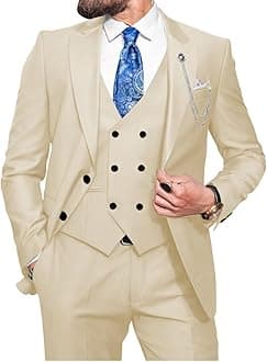 Wangyue Men Double Breasted Suit 3 Piece Slim Fit Suits Elegant Peak Lapel 2 Button Blazer Vest Pants Sets Men's Suits