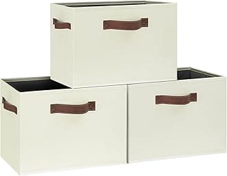 GhvyenntteS Large Fabric Storage Bins with 3 Handles, 15x11x9.6 Inch Storage Baskets for Shelves, Foldable Closet Storage Bins for Shelves, Closet Organizers and Storage Boxes, Beige