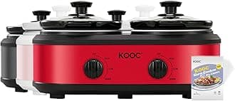 KOOC Double Small Slow Cooker, Buffet Server and Warmer, 2 Mini Pots with 3 Individual Adjustable Temp, Dual Ceramic Pots, Free Liners for Easy Clean-up, Stainless Steel, Total 2.5 Quart, Red, Round