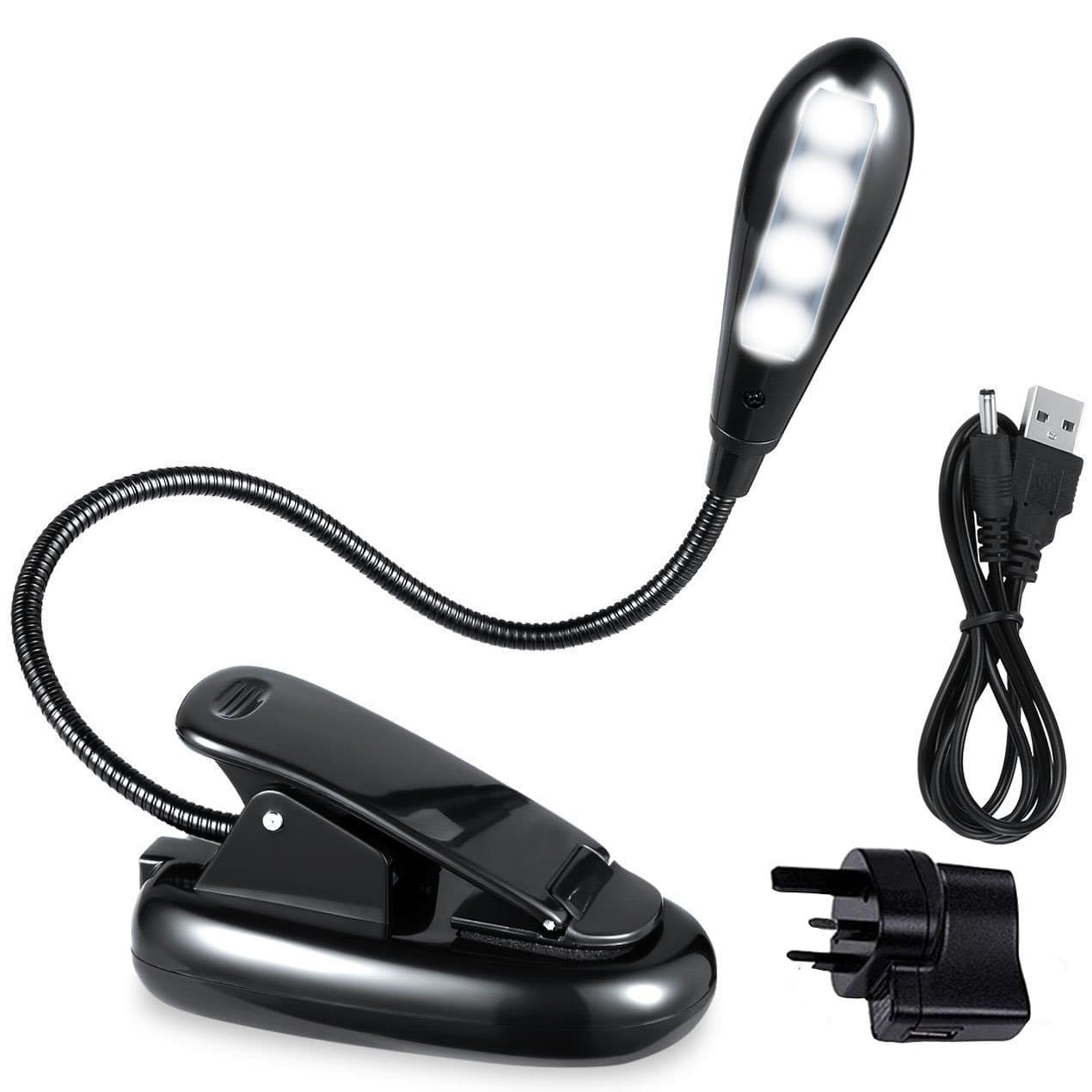 4 LED Book Light, LightsGoal USB Reading Lights, Clip on Bedside Lamp, Black Table Lamps, Switch Desk Light, Eye Protect Lamp for Students, Kids, Night Readers, Include UK AC Adaptor, USB Cable