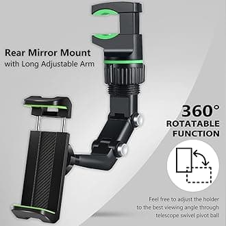 PKYAA 360° Rotating Rear View Mirror Phone Holder, Universal Car Phone Mount for 4 to 7 inches Smartphones