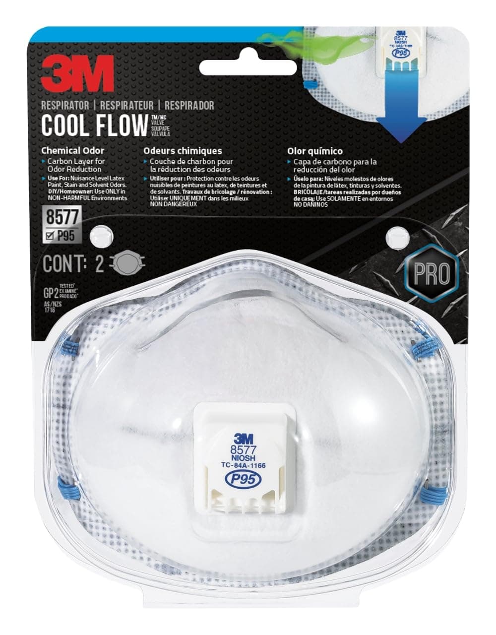 P95 Particulate Respirator 8577, 2 Pack, Carbon Layer For Odor Reduction, Features COOL FLOW Exhalation Valve, NIOSH-APPROVED, Advanced Filter Media For Easy Breathing, Comfortable (8577C2-DC-PS)