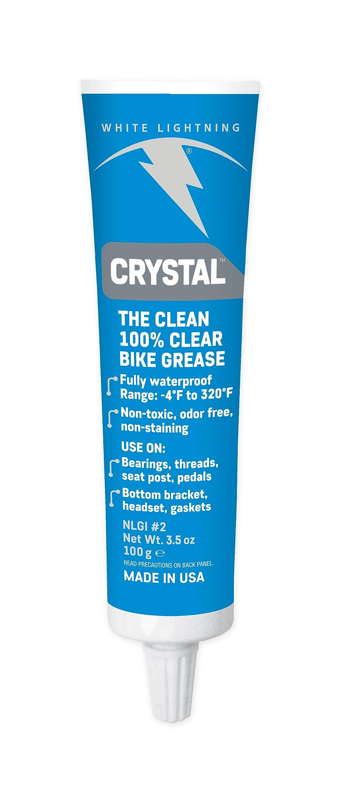 Crystal Grease for Bicycles, 100% Waterproof, Clear Non-Staining Grease for Chains, Bearings and Moving Parts, Long-Lasting Protection, Safe on All Bike Materials - 3.5oz - Tube