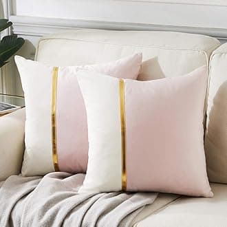 Fancy Homi 2 Packs Decorative Throw Pillow Covers 18x18 Inch for Living Room Couch Bedroom, Blush Pink and White Velvet Patchwork with Gold Leather, Luxury Modern Home Decor Cute Cushion Case 45x45 cm