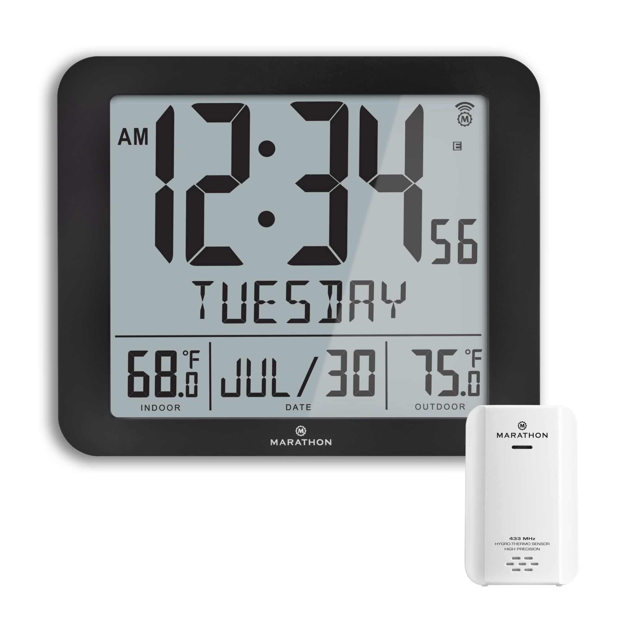 MARATHON CL030027-FD-BK Slim Atomic Wall Clock with Full Calendar and Large Display and Indoor/Outdoor Temperature (New Full Display, Color: Black)