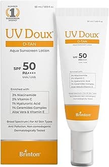 Brinton UV Doux D-Tan Aqua Sunscreen Lotion Enriched with Enriched with 3% Niacinamide, 2% Vitamin C, 1% Hyaluronic Acid, 1% Ceramide, Aloe Vera & Vitamin E SPF 50 PA++++ Broad Spectrum, 50 ml