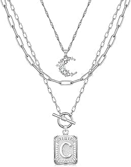 Layered Initial Necklaces for Women Trendy, 14K Gold Plated Brass Simple Moon Choker Square Letter Pendant Necklace, Paperclip Chain Necklaces Jewelry Gifts