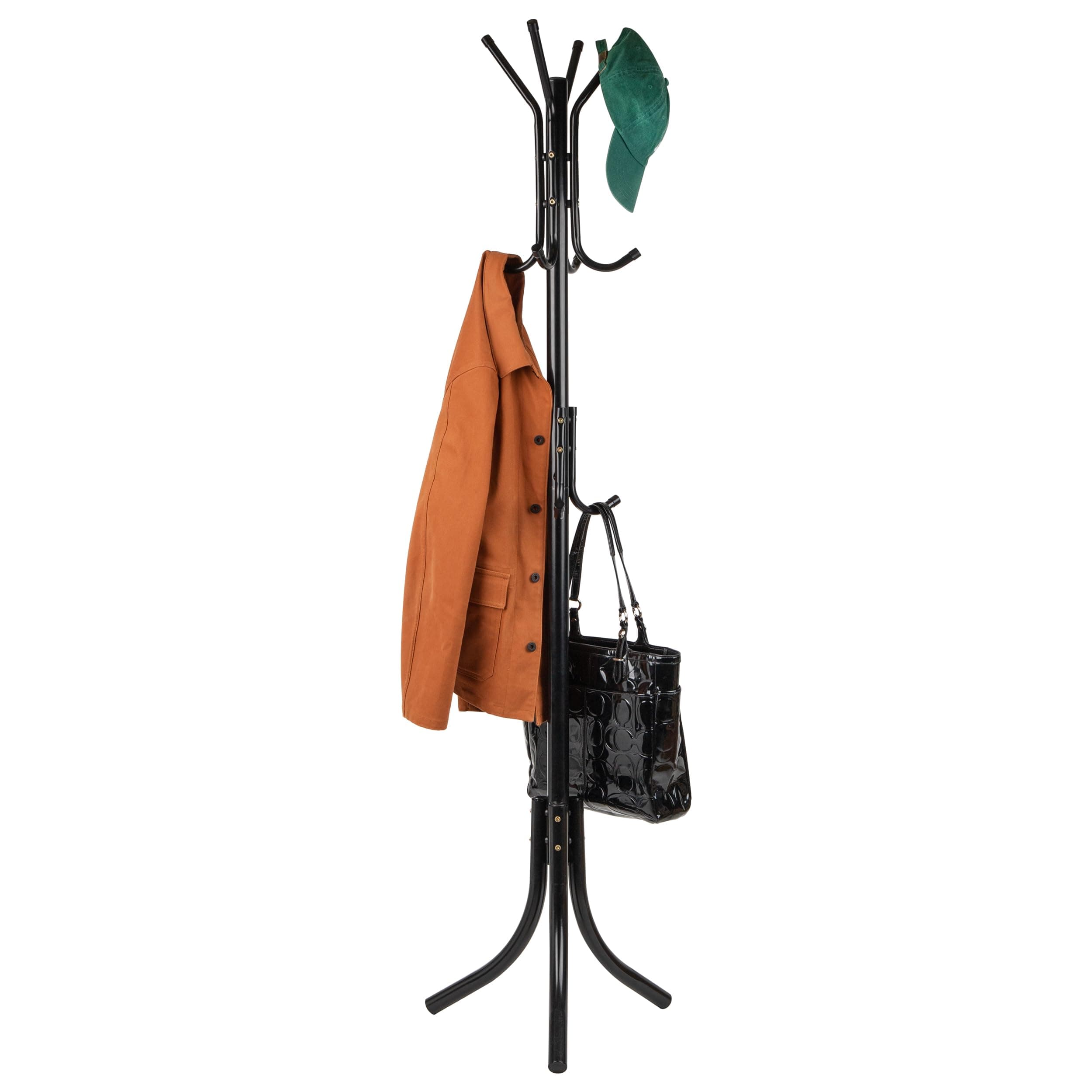 Mind Reader COATRACK11 Standing Metal Coat Rack Hat Hanger 11 Hook for Jacket, Purse, Scarf Rack, Umbrella Tree Stand, Black