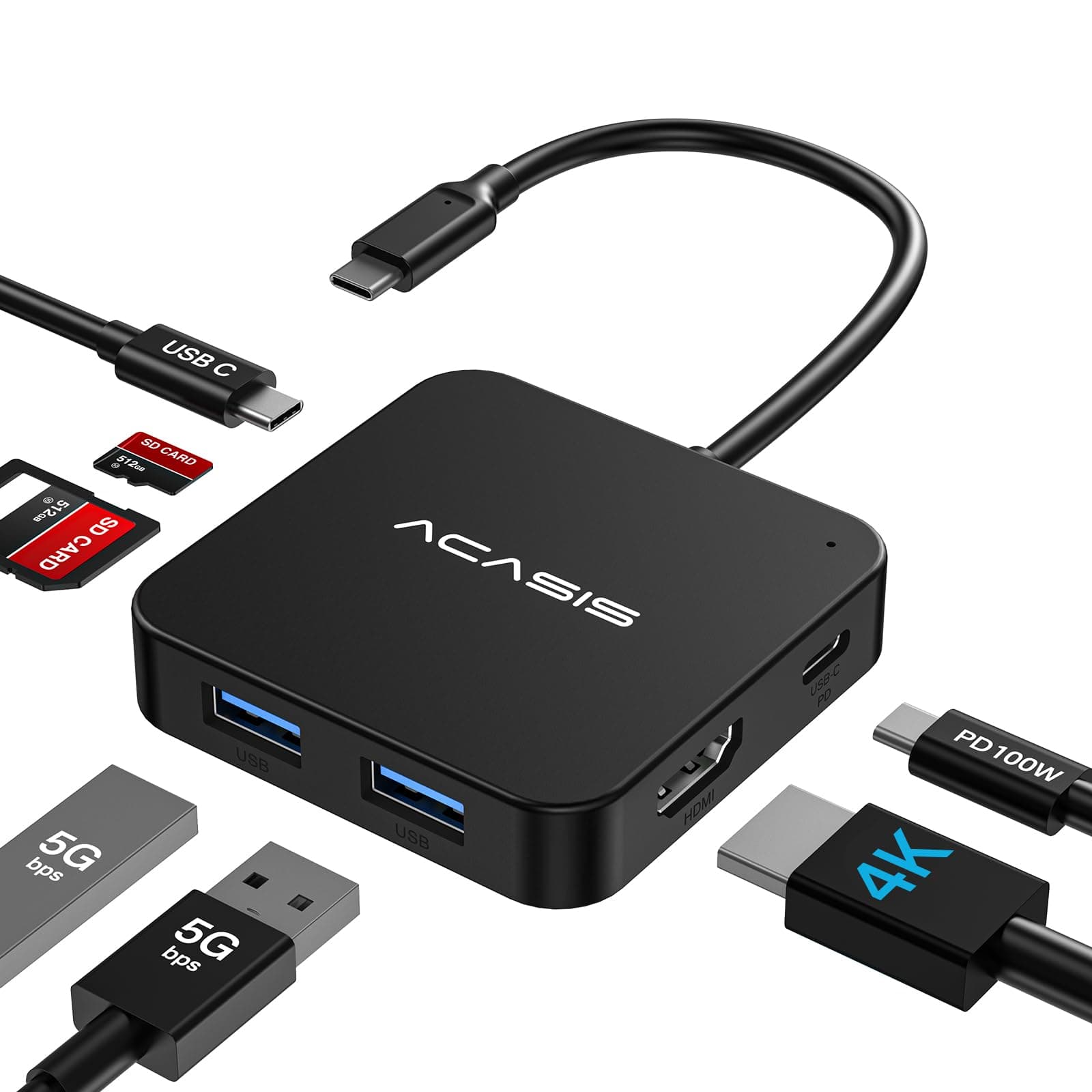 ACASIS USB C Hub, 7 in 1 USB C to HDMI Multiport Adapter, 4K HDMI, Power Supply 100W, 2 USB A 3.0 Port, 1 USB C Hub 3.0, SD/TF Card Reader, USB C Dongle for MacBook Pro/Air, Laptop and USB C Devices