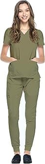 Jogger Scrubs for Women Set – V-Neck Scrub Top & Elastic Jogger Scrub Pants for Women 8 Pockets
