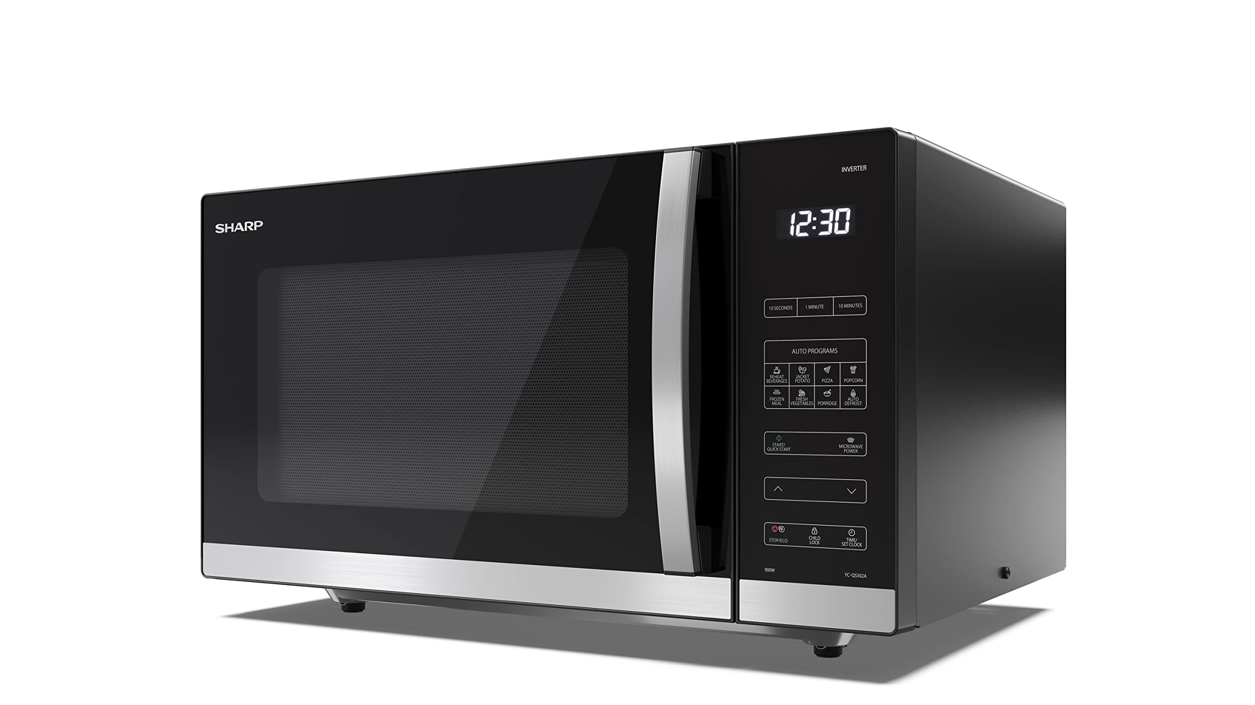 SHARP YC-QS302AU-B 30 Litre 900W Digital FLATBED Microwave, 10 power levels, ECO Mode, defrost function, LED cavity light - Black