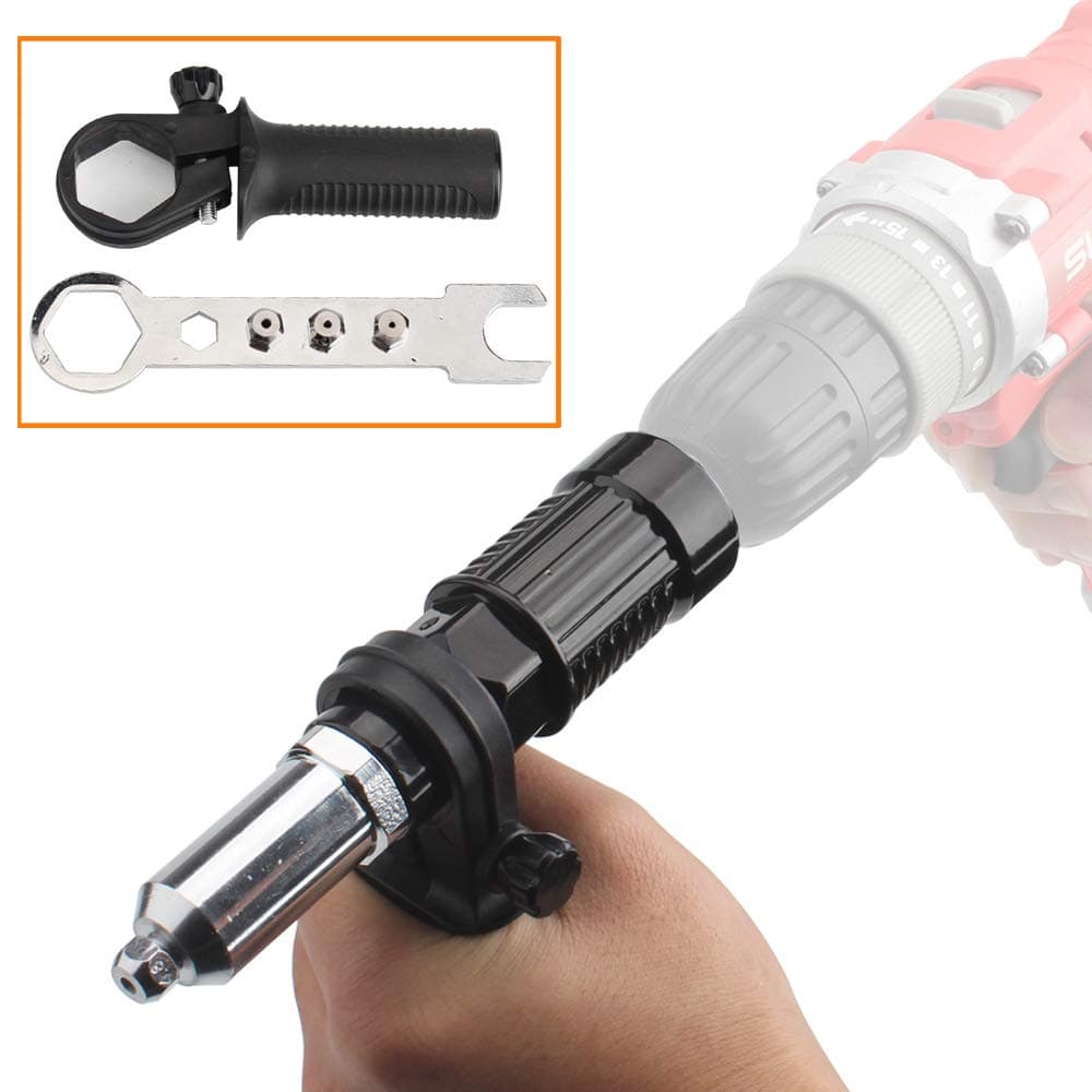Cordless Drill Electric Rivet Gun Adapter-Professional Riveting Insert Nut Hand Tool Kit with Aluminum Casting Housing and a Non-slip Handle-4pcs Convertible Head and a Wrench