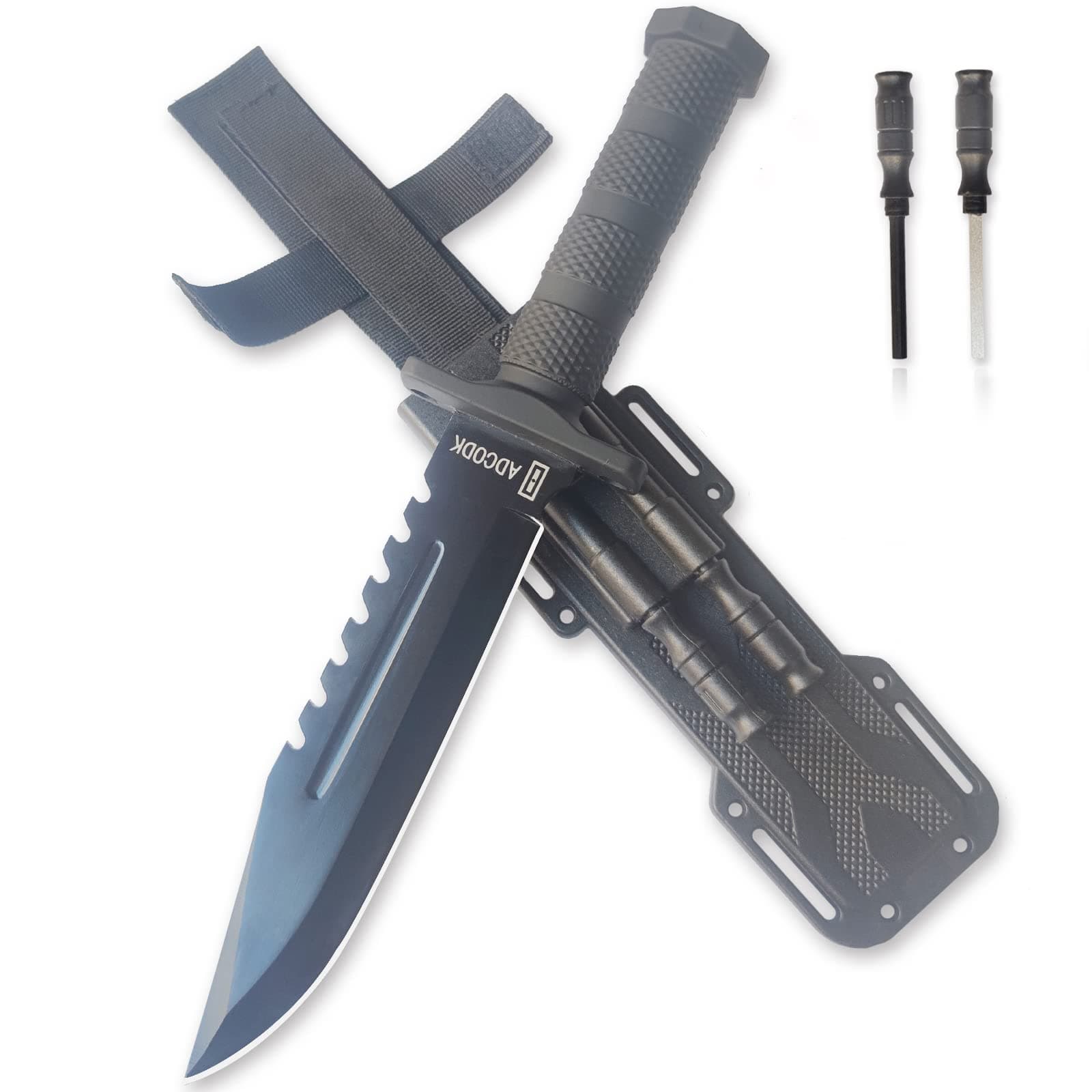 ADCODK Tactical Bowie Knife with Sheath Fixed Blade Survival Hunting Knives with Non-Slip Handle and Sharpener & Fire Starter for Camping Outdoor Adventure