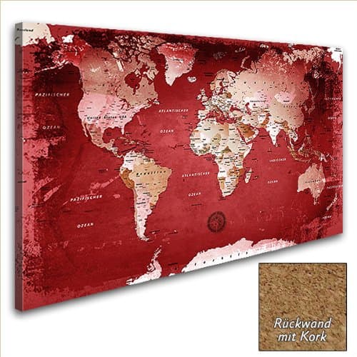 LanaKK World Map with Cork Back Panel Elegant Red Canvas Wall Art Print on Stretcher Frame/Poster Board for Globetrotters, red, 60 x 40 cm, one-piece