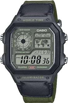 Casio AE1200 Series Black/Green LED Illuminator World Time, Green, AE1200WHUB-3AV