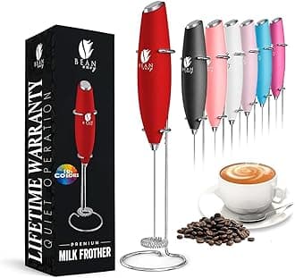 Bean Envy Milk Frother, Coffee Stirrers, Frother Wand, Milk Frother Handheld, Frother with stand, Hand Blender for Coffee, Lattes, Cappuccino, Matcha and Hot Chocolate – Kitchen Gifts - Red