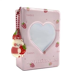 3 Inch Mini Photo Album, Heart Hollow Card Binder Photo Album Kpop Photo Card Holder with Pendant 40 Pockets (pink strawberry)
